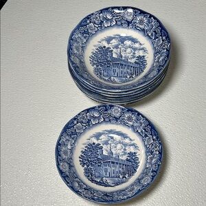 Vintage Liberty Blue Colonial Staffordshire Set8 Mount Vernon Cereal/Soup Bowls